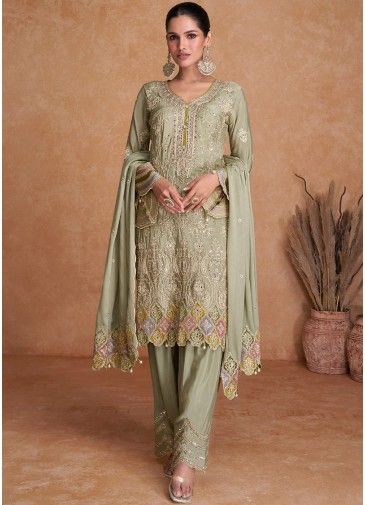 Green Embroidered Pant Suit In Chiffon