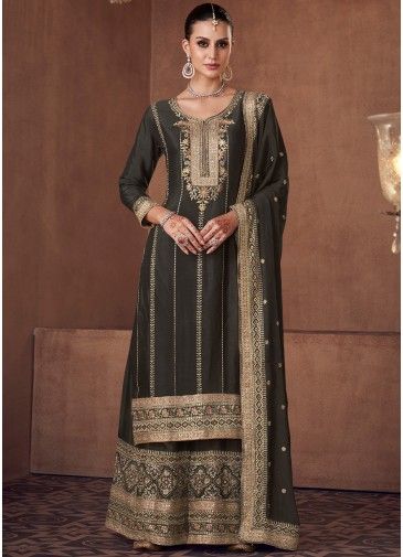 Black Embroidered Palazzo Suit In Chiffon