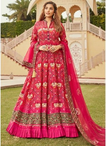 Pink Art Silk Readymade Anarkali Suit In Digital Print