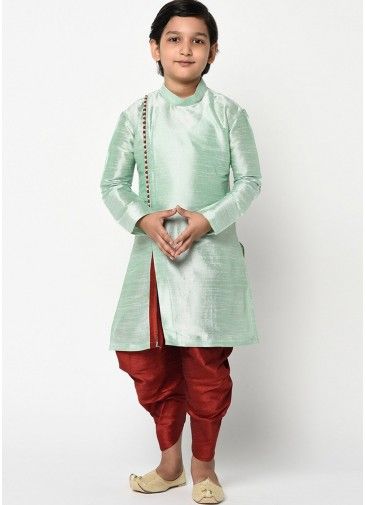 Readymade Plain Green Kurta With Dhoti In Silk