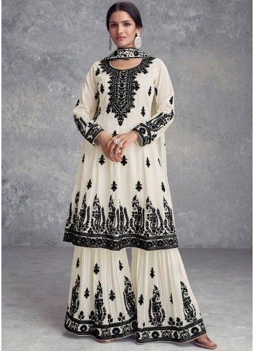 White Embroidered Palazzo Suit Set