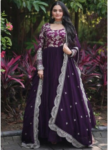Purple Readymade Woven Tiered Anarkali Suit & Dupatta
