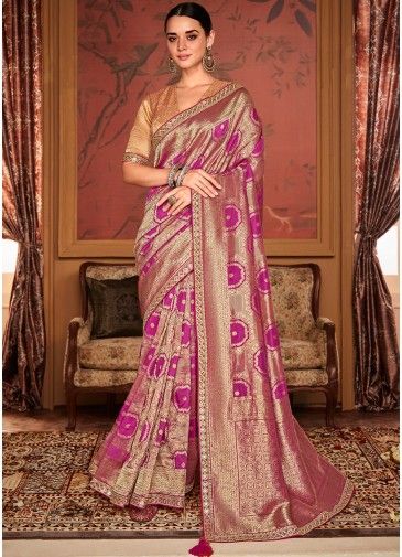 Pink Classic Style Woven Work Saree