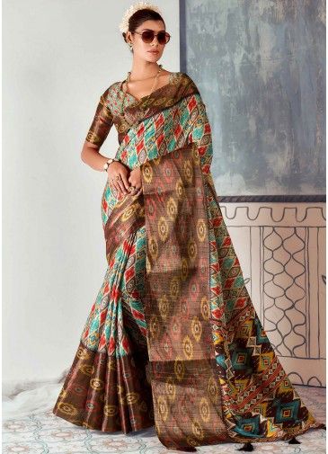 Multicolor Tussar Silk Saree With Printed Blouse