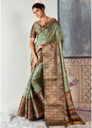 Green Tussar Silk Saree In Floral Print