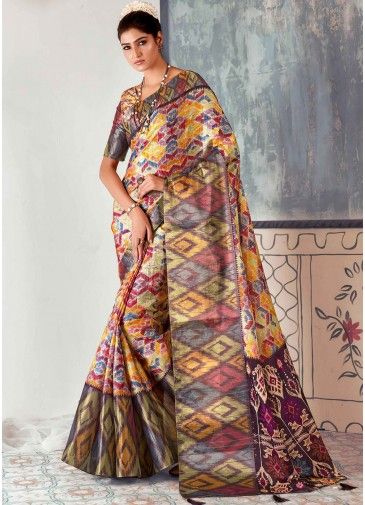 Multicolor Printed Work Tussar Silk Saree