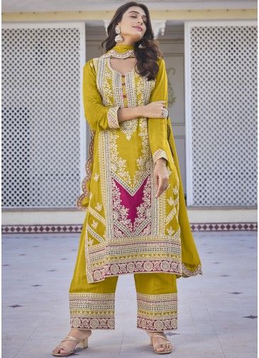 Yellow Embroidered Readymade Palazzo Suit In Chiffon