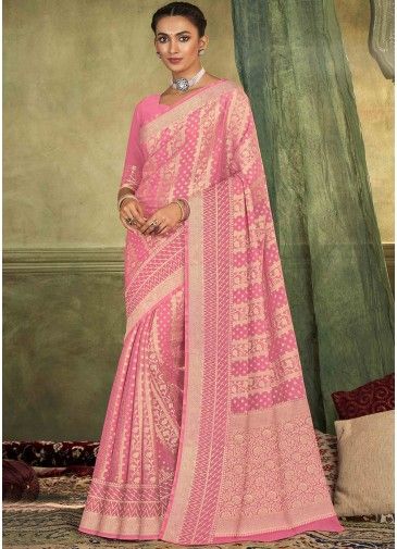 Pink Zari Woven Saree In Chiffon