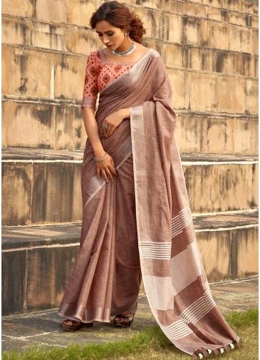 Brown Woven Saree In Linen