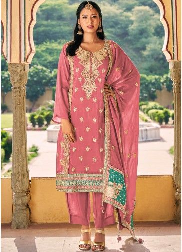 Pink Embroidered Readymade Palazzo Suit Set