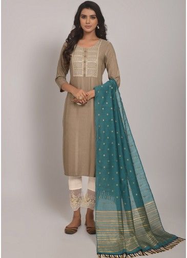 Beige Readymade Embroidered Pant Style Suit