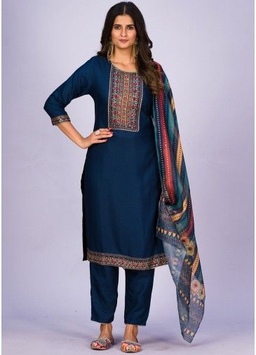Navy Blue Embroidered Readymade Pant Suit
