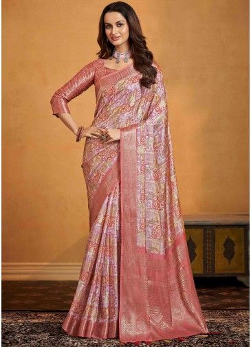 Pink Printed Saree In Silk