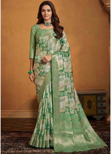 Green Printed Work Silk Saree