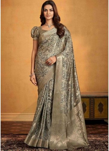Grey Printed Silk Saree & Blouse
