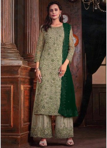 Sage Green Embroidered Palazzo Style Suit