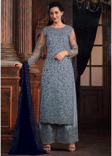 Blue Georgette Palazzo Suit In Dori Embroidery