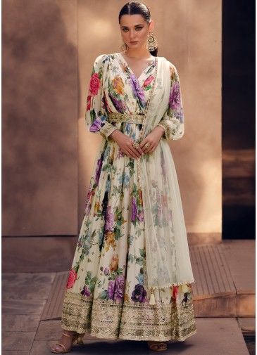 Cream Readymade Floral Print Anarkali Suit & Dupatta