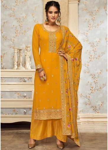 Yellow Embroidered Suit Set In Georgette