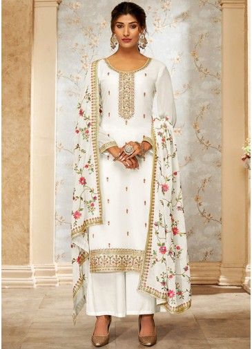 White Embroidered Suit Set In Georgette