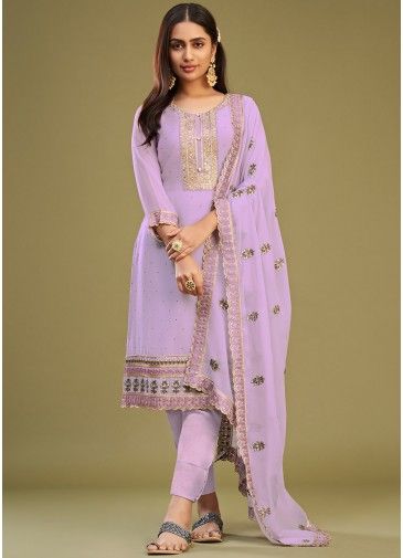 Purple Embroidered Pant SuitS Set
