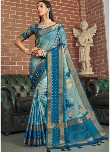 Blue Floral Printed Saree & Blouse