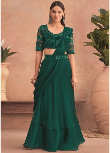 Green Sequins Embroidered Saree In Art Silk