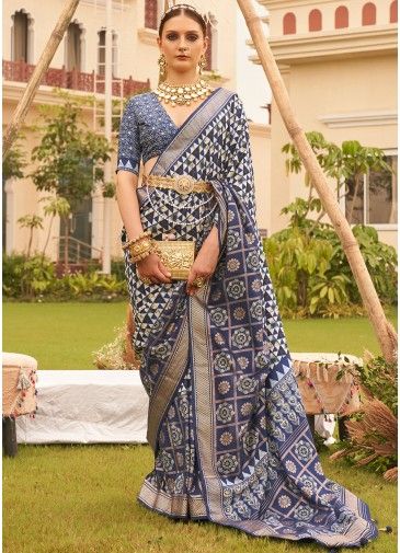 Navy Blue Printed Saree With Blouse