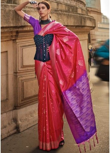 Pink Woven Detailed Saree In Art Silk