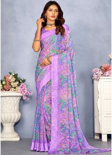 Purple Floral Printed Saree With Blouse