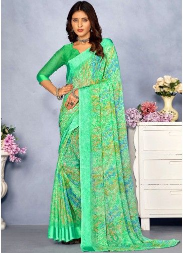 Green Saree In Floral Print Work