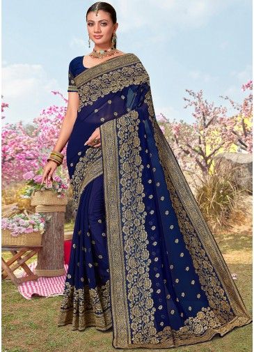 Navy Blue Embroidered Saree & Blouse