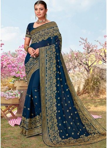 Teal Blue Classic Style Embroidered Saree