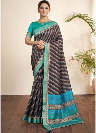 Black & Brown Printed Saree In Art Silk