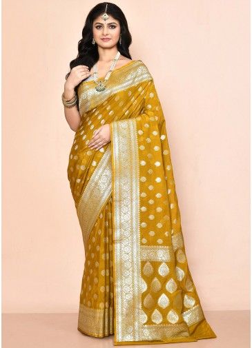Yellow Woven Detailed Georgette Saree