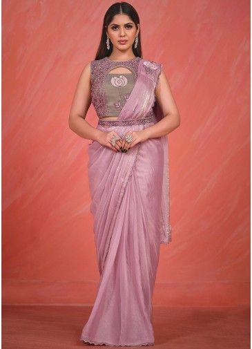 Pink Embroidered Readymade Saree In Georgette