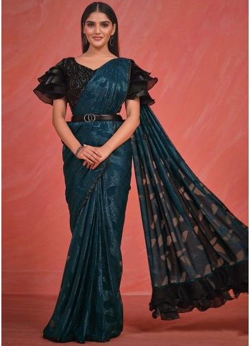 Teal Blue Embroidered Readymade Saree In Satin Silk