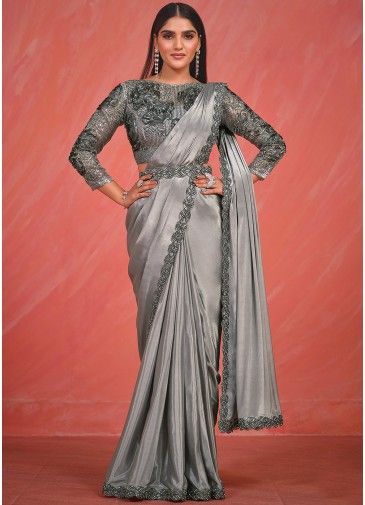 Grey Embroidered Readymade Saree In Satin Silk