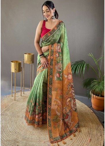 Green Digital Printed Saree In Tussar Silk