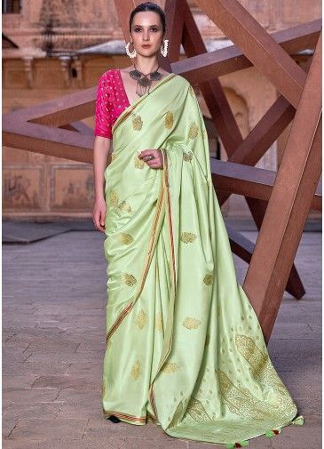 Green Woven Work Satin Silk Saree & Blouse