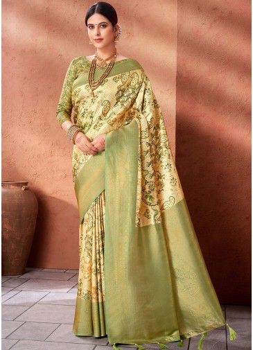 Green Silk Saree In Floral Print