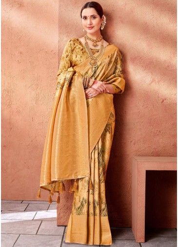 Yellow Silk Saree In Digital Print