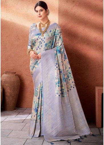 Blue Silk Saree In Floral Print
