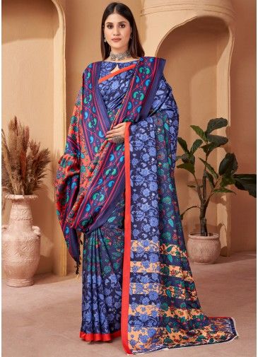 Blue Pashmina Saree & Shawl In Digital Floral Print