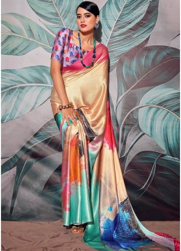Multicolor Abstract Printed Saree In Satin