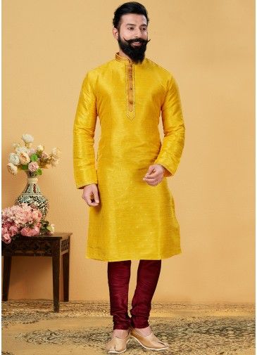 Yellow Readymade Kurta Churidar In Silk