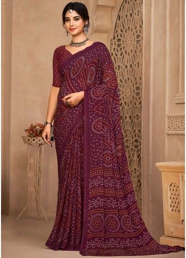 Purple Bandhej Printed Saree In Chiffon