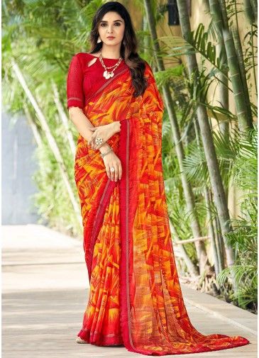 Red Abstract Printed Saree & Blouse