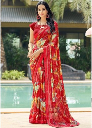 Red Abstract Print Work Saree & Blouse