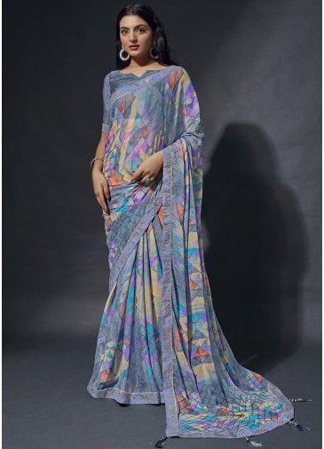 Grey Digital Printed Saree In Crape Silk